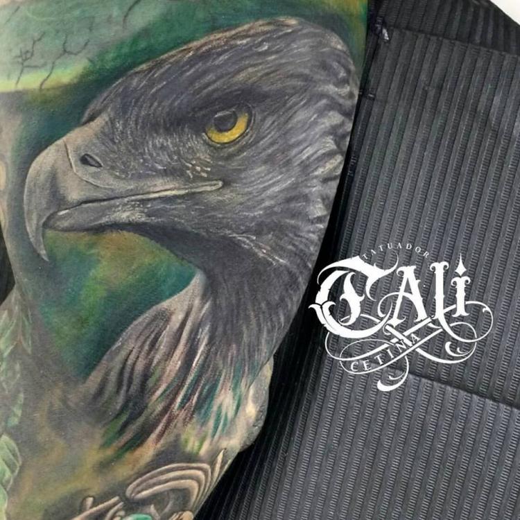 ▷ Águila realismo a color, tatuaje realizado por el tatuador Cali Cetina