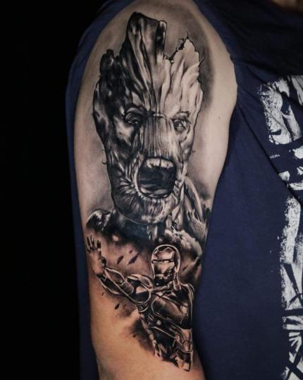 Groot y Iron Man tatuaje realizado por Chris Block