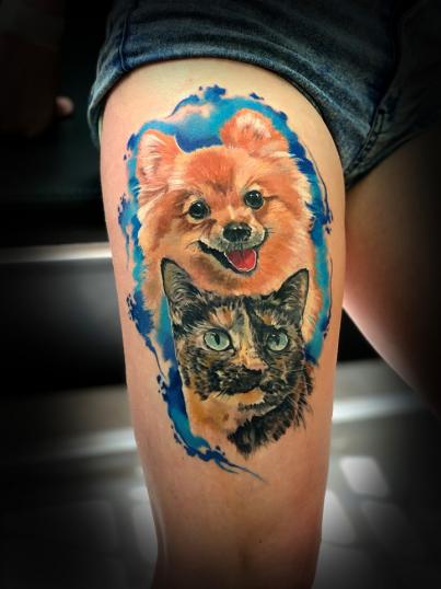 Retrato perro y gato, amigos peludos tatuaje realizado por ShopManager Angel de Mayo