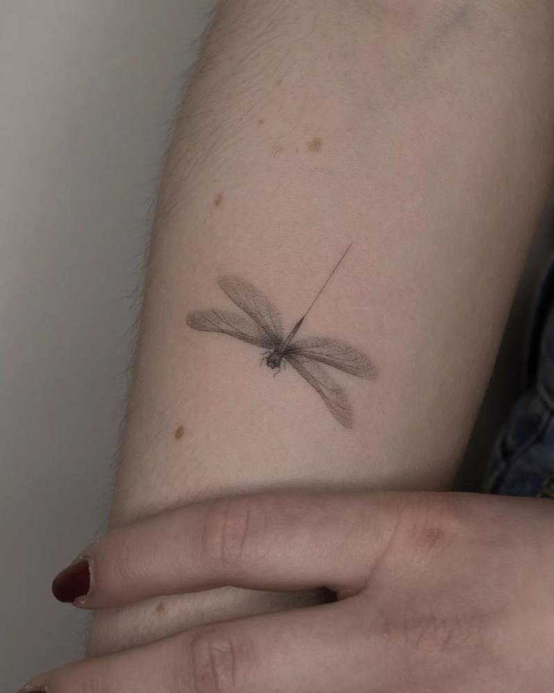Tatuaje de libélula en el brazo realizado por Paula Kmica tatuaje realizado por Paula Kmica
