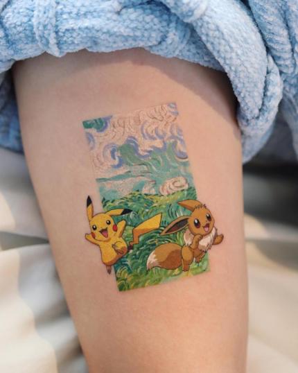 Tatuaje de pikachu y Eevee de Pokémon realizado por Eunmi Song  tatuaje realizado por Eunmi Song 