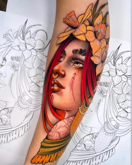 Tatuaje de Ériu neotradicional realizado por Viviana Calvo tatuaje realizado por Viviana Calvo