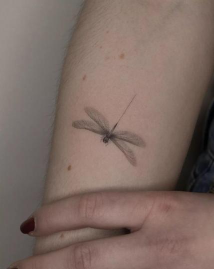 Tatuaje de libélula en el brazo realizado por Paula Kmica tatuaje realizado por Paula Kmica