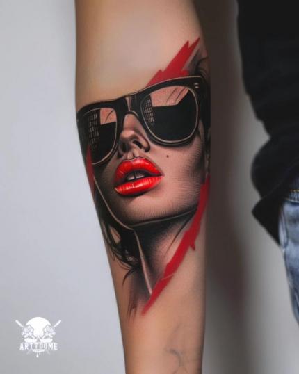 Tatuaje hiperrealista de mujer con gafas de sol realizado por ARTTDOME tatuaje realizado por ARTTDOME
