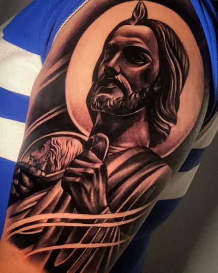 Tatuaje de San Judas Tadeo realizado por Arky Letters tatuaje realizado por Arky Letters
