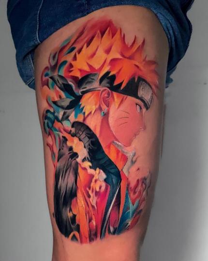 Tatuaje de Naruto uzumaki en la pierna realizado por Alejandro Ledo tatuaje realizado por Alejandro Ledo